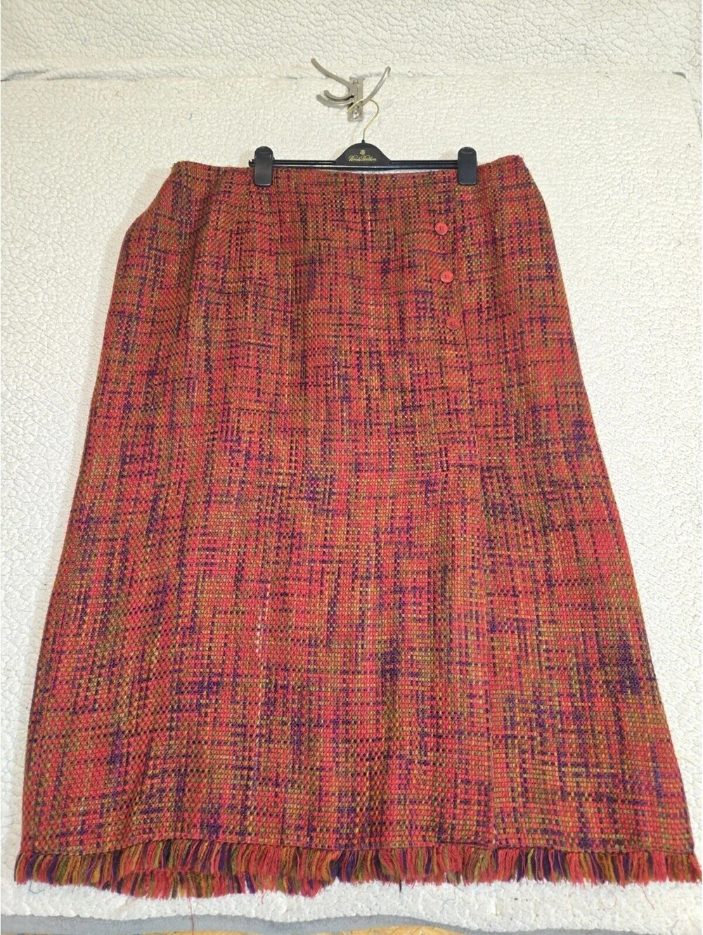 tweed maxi skirt Sz 24 W Fringe Hem Lined Red Plaid Western Office Basic Boho